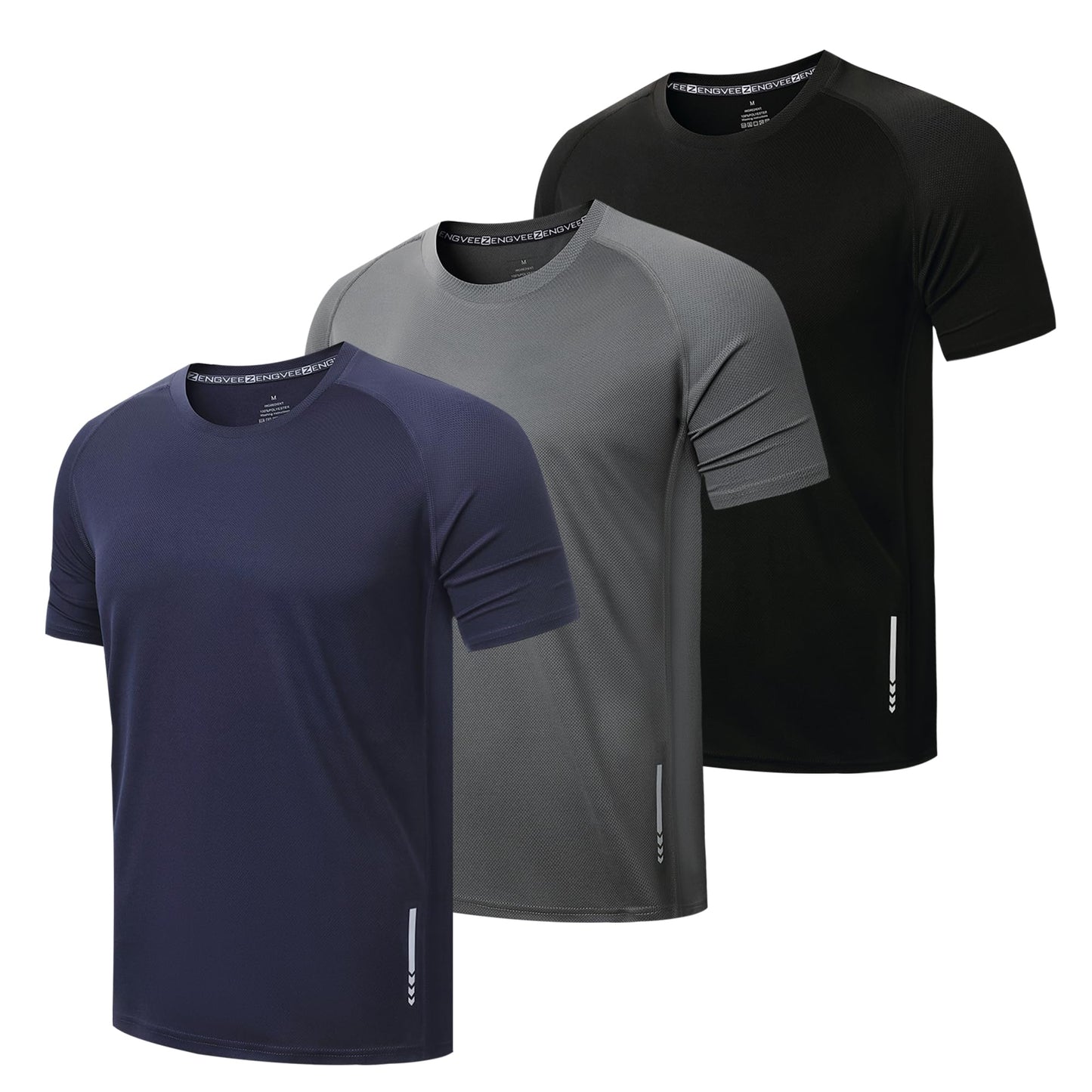 ZENGVEE 3 Pack Gym Shirts Men Quick Dry Short Sleeve Sport T-Shirts Breathable Moisture Wicking Athletic Running Tops Mens Workout Tops(0426-Black Grey Navy-L)