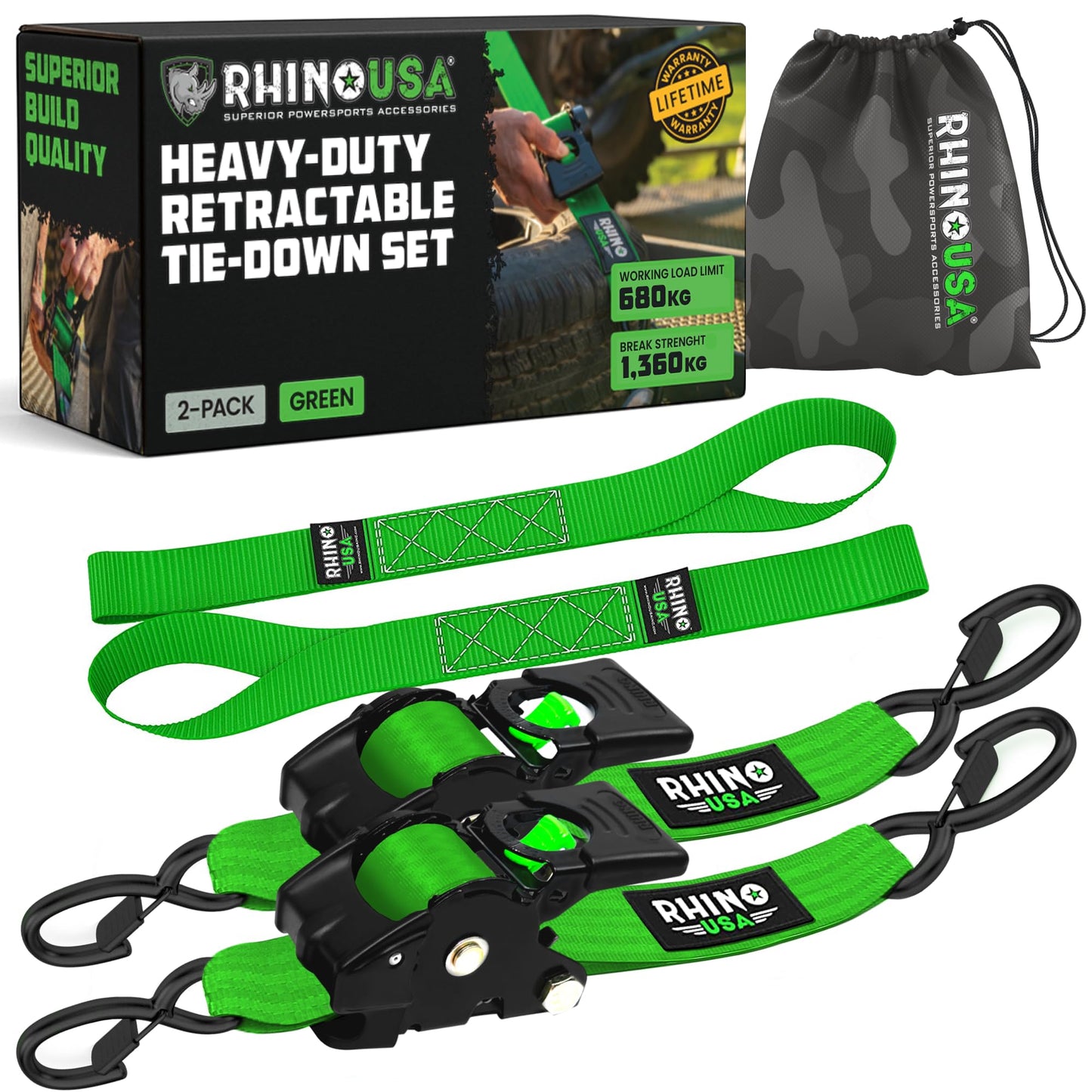 Retractable Ratchet Straps 2-Pack 5cm x 3m 1,360kg Break Strength Heavy Duty Self-Retracting Tie Downs – Green