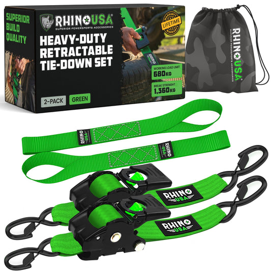 Retractable Ratchet Straps 2-Pack 5cm x 3m 1,360kg Break Strength Heavy Duty Self-Retracting Tie Downs – Green