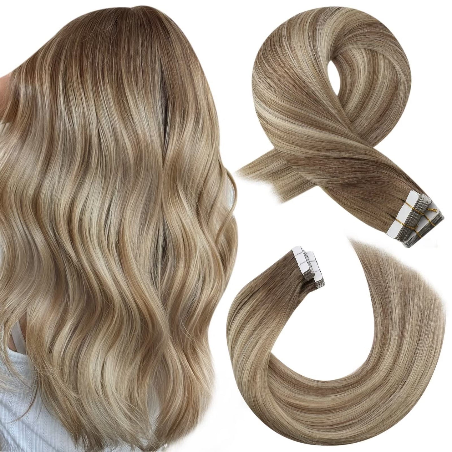 Moresoo Human Hair Extension Tape in Balayage Real Hair Tape in Extensions Light Brown with Platinum Blonde Tape in Hair Extensions 24 Inch 20 Pieces/50g #8/22/8