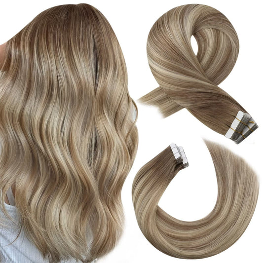 Moresoo Human Hair Extension Tape in Balayage Real Hair Tape in Extensions Light Brown with Platinum Blonde Tape in Hair Extensions 24 Inch 20 Pieces/50g #8/22/8