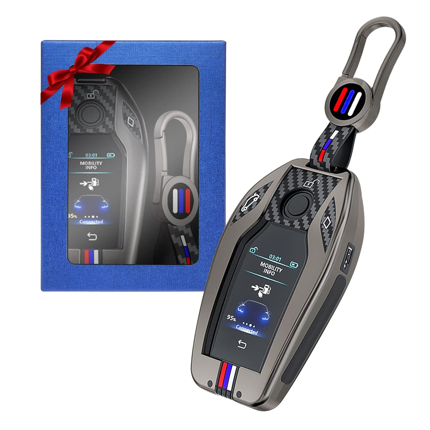 BMW Key Fob Cover Zinc-Alloy & TPU Carbon-Fibre Pattern with Keychain – Grey